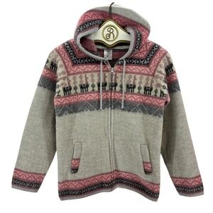 Tejidos Equador Alpaca Wool Hoodie Sweater Pink Fair Isle Llama Boho SMALL